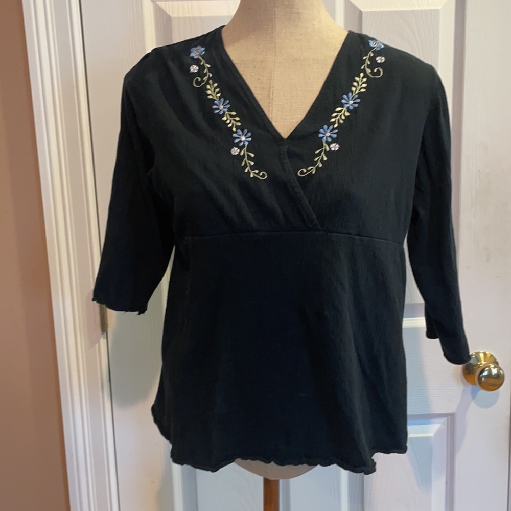 Due Date navy blue top floral cottage core Vintage 1990s 3/4 sleeve size M